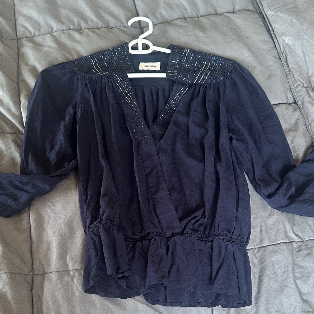Zadig & Voltaire Navy Blouse with Embellished Neckline
